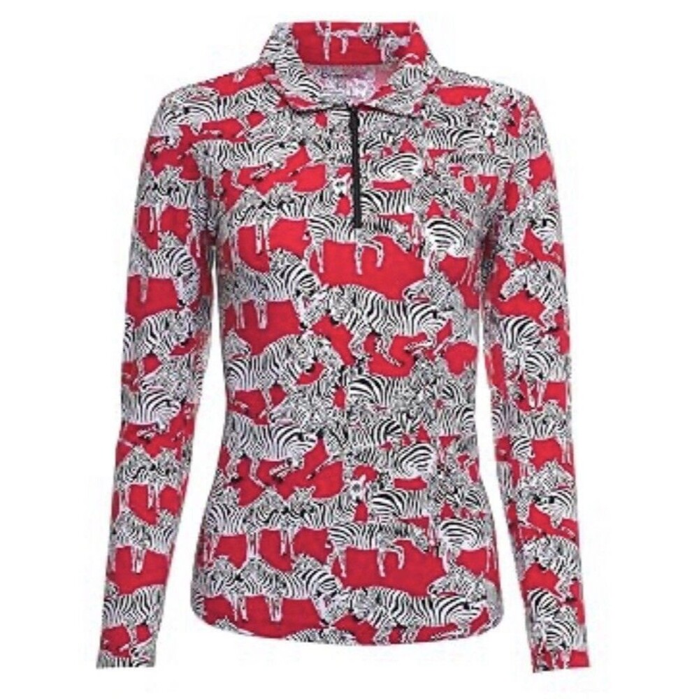 IBKUL Golf 1/4 Zip Shirt Womens XL Red Zebra Print Mock Neck Long Sleeve